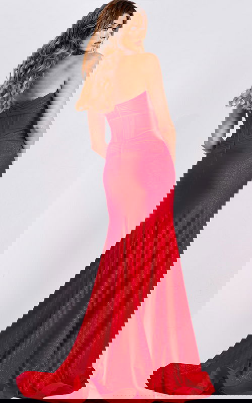 Red strapless glitter prom dress with high slit