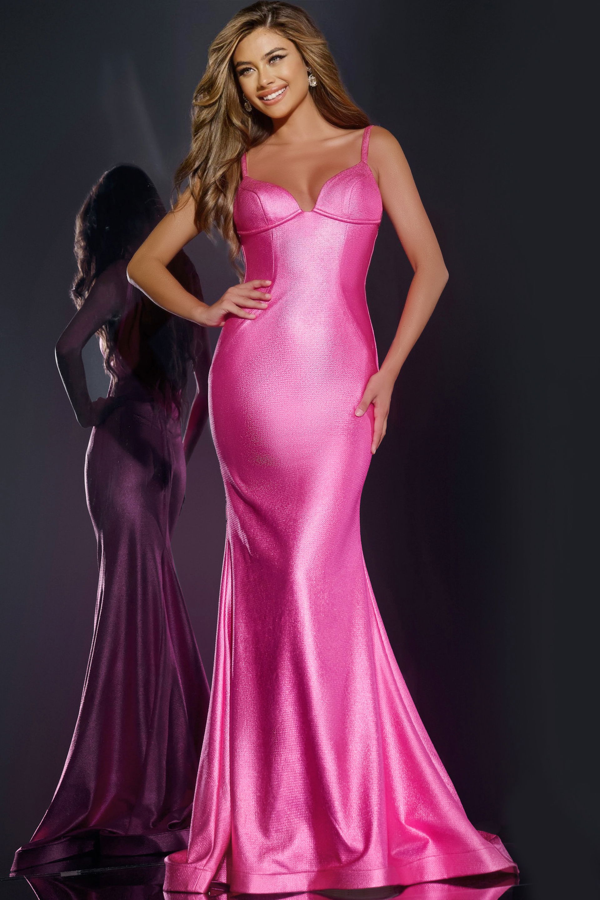 43443 Model wearing Jovani 43443 vivid pink mermaid gown, front view, sweetheart neckline, and floor-length glamour.