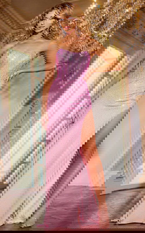 Model wearing Jovani 43585 pink dress with strapless neckline and embellished bodice