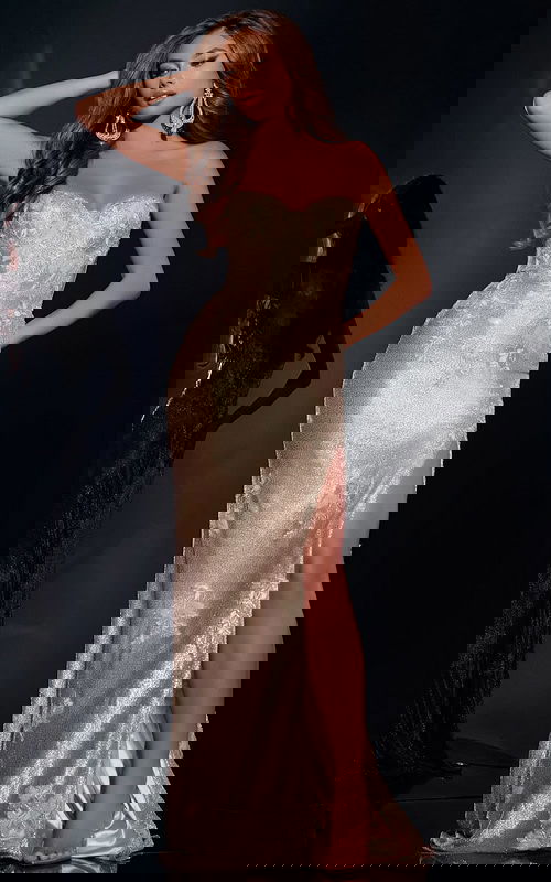 model wearing Jovani 43587 gold gown with sweetheart neckline and high slit