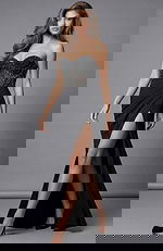 sweetheart neckline beaded black high slit dress 43589