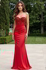 Front view of strapless beaded gown with sweetheart neckline and fitted silhouette.