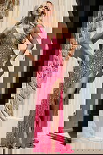 Deep V-neck fitted gown adorned with iridescent sequins