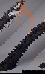 Strapless fitted gown with ruched texture, crystal-trimmed neckline, and cascading side ruffle