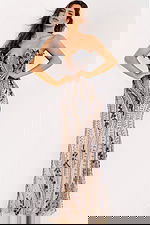 Strapless evening gown with intricate beading and sheer bodice