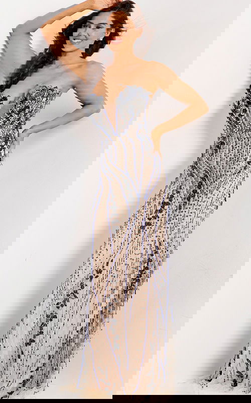 Elegant strapless illusion neckline gown with full beaded design