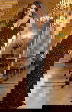 Beaded evening gown with deep V neckline and fitted silhouette