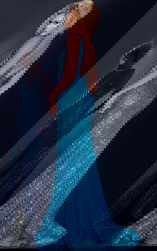 Back view of model wearing Jovani 43725 blue sequin gown.