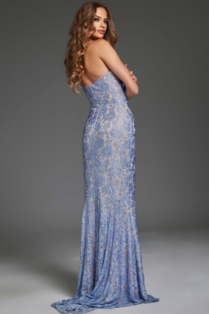 Back view of Jovani 43753 showing elegant blue lace design
