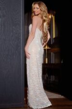 Model wearing Jovani 43754 beige gown, back view