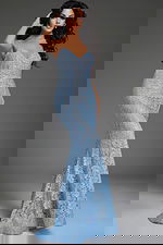 Front view of model wearing Jovani 43760 blue lace mermaid dress with sweetheart neckline.