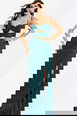 teal high slit embellished dress 43764