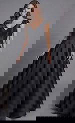 Jovani 43809 black satin A-line ball gown with sweetheart V-neckline, beaded cap sleeves, structured bodice, and voluminous floor-length skirt.