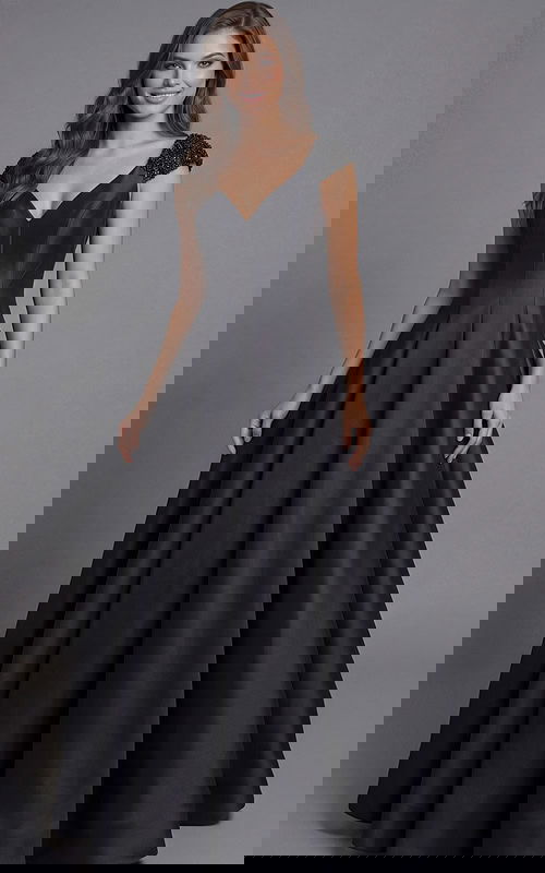 Jovani 43809 black satin A-line ball gown with sweetheart V-neckline, beaded cap sleeves, structured bodice, and voluminous floor-length skirt.