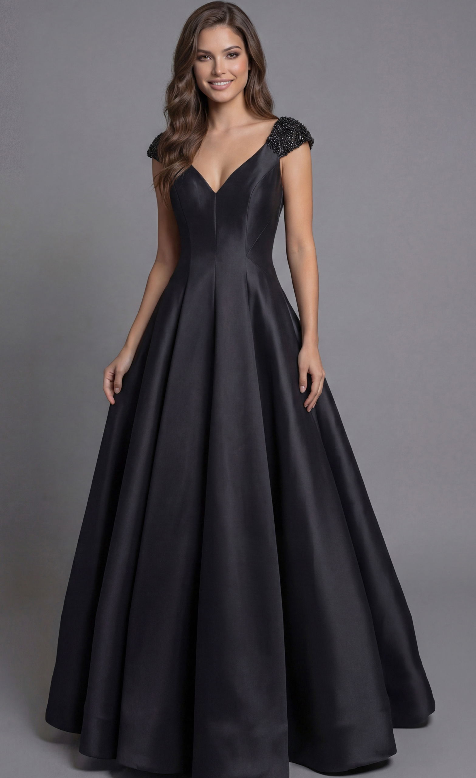 43809-black-1 Jovani 43809 black satin A-line ball gown with sweetheart V-neckline, beaded cap sleeves, structured bodice, and voluminous floor-length skirt.