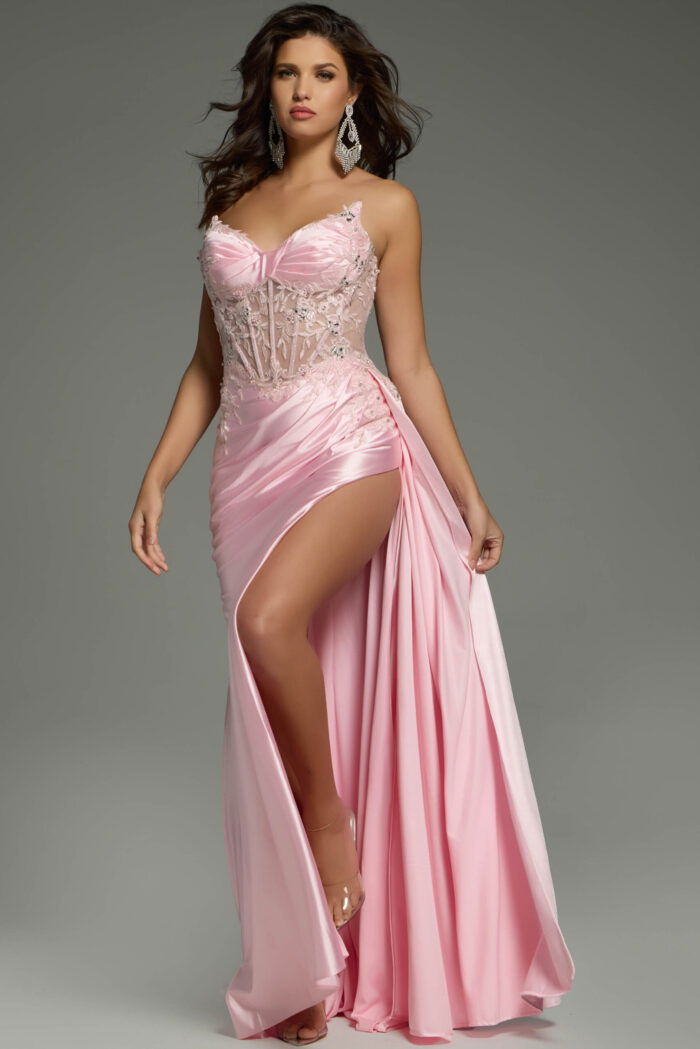 high slit pink corset bodice dress 43848