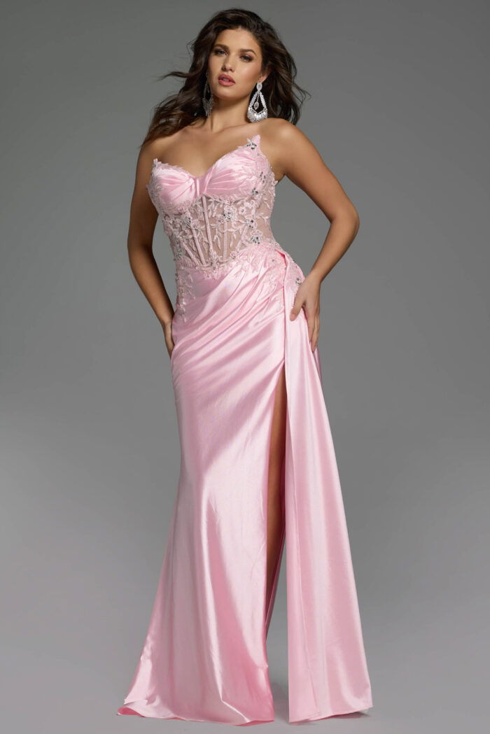 pink corset bodice high slit dress 43848
