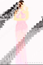 Halter evening gown featuring keyhole cutout and ombré bead design