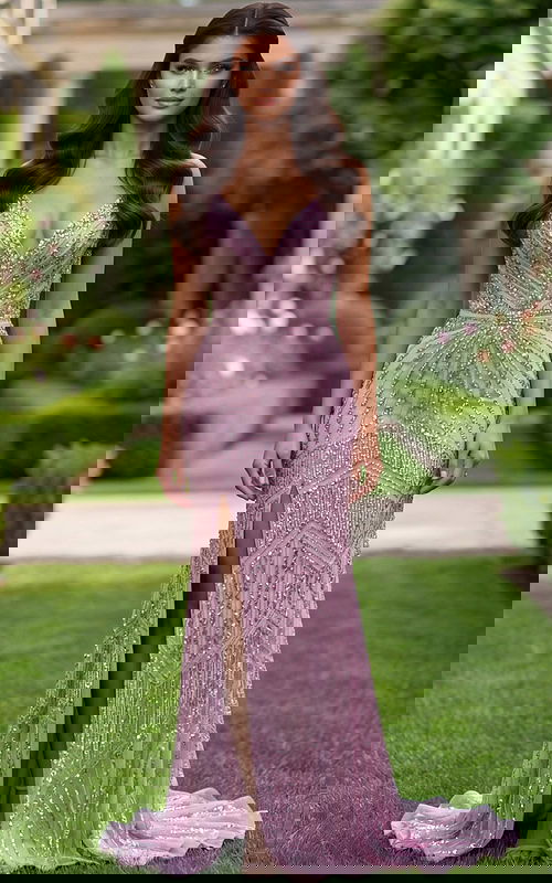 Geometric Beaded V Neck Gown With Open Back