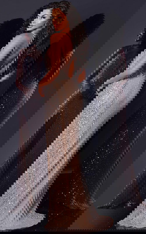 Back view of Jovani 43918 nude dress with low back design.