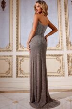 Back view of Jovani 43921 with elegant draped finish in gray
