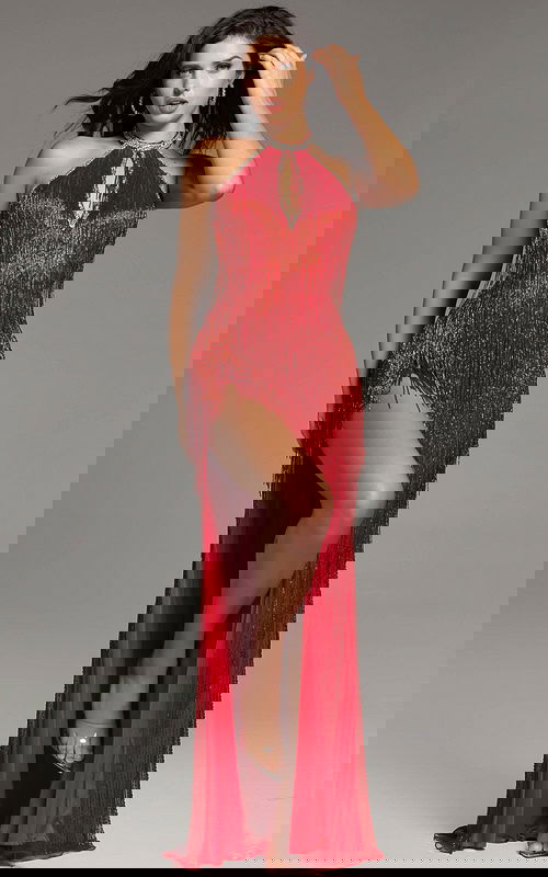 high slit halter neckline fringe red dress 43922