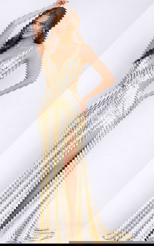 fitted evening gown with low open back and vertical sequin detailing