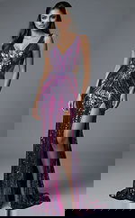 Fitted gown with deep V neckline, side cutouts, and high slit