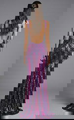 Low back formal dress with fitted silhouette and geometric pattern