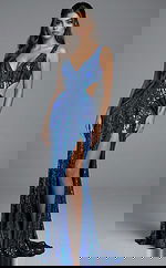 fitted gown with plunging V neckline, side cutouts, and front slit