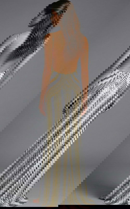 Open back formal gown with slim silhouette and geometric sequin pattern