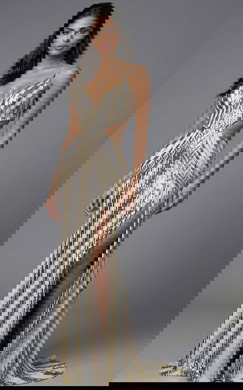 fitted evening gown with low open back and vertical sequin detailing