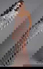 Strapless fitted evening gown with floral beadwork and structured bodice shown from the front