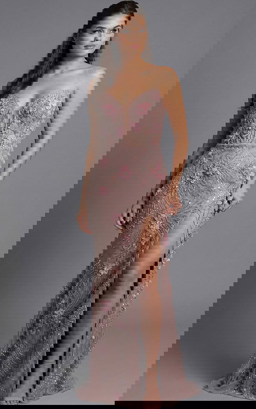 Elegant evening gown featuring detailed floral embellishments and a front slit