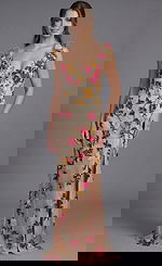 Elegant long prom dress with sheer base and multicolor floral bead embroidery, fitted silhouette, and deep V neckline