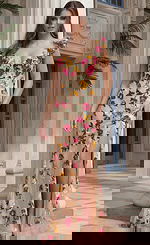 Fitted prom gown featuring embroidered floral details, sheer illusion fabric, and a high slit with sculpted waist shaping