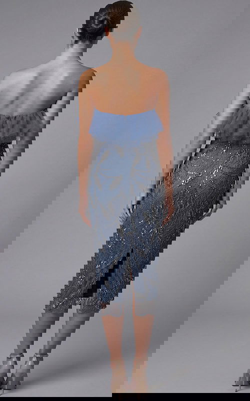 Off shoulder beaded midi dress with ruffled tulle neckline