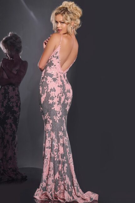 Back view of Jovani 44033 showing open back and elegant mermaid silhouette.