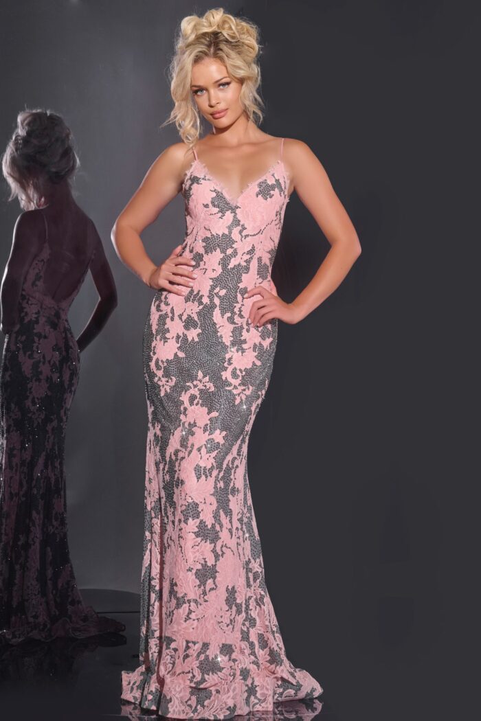 Model wearing Jovani 44033 multi-colored mermaid gown with V-neck and lace detailing.