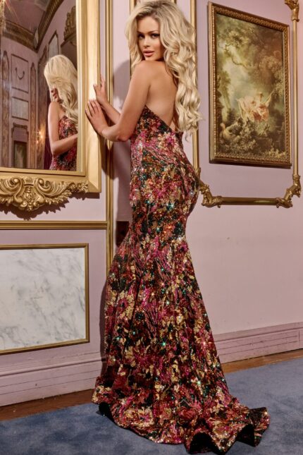 Model wearing Jovani 44072 multi-colored sequin gown, back view.