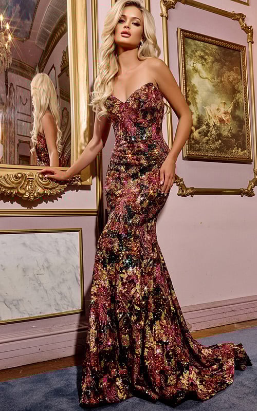 Model wearing Jovani 44072 multi-colored sequin gown with sweetheart neckline, front view.