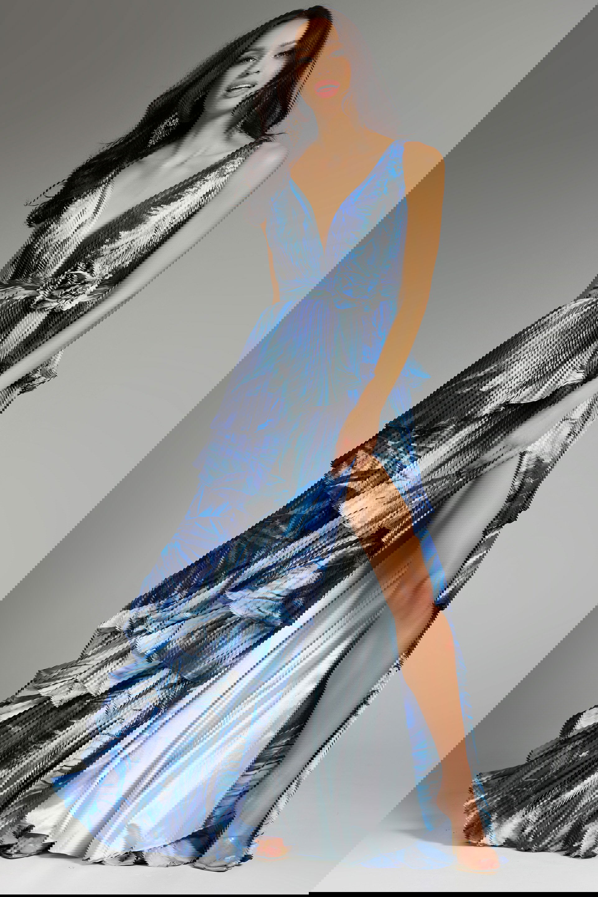 44096-2 pleated tiered dress with high slit 44096