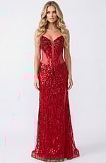 sheer bodice embellished red dress 44100
