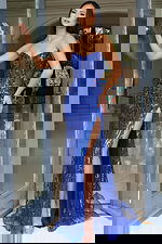 Front view of strapless sequin corset gown with high slit