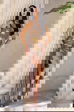 Metallic bronze gown with spaghetti straps and high slit