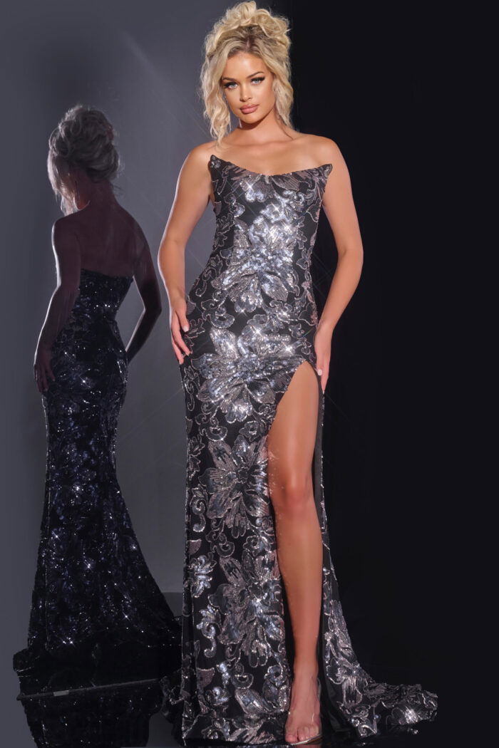 Model wearing Jovani 44116, a dazzling black gown with sequin embellishments and a high slit, front view.