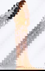 Elegant strapless gown with gold and iridescent sequin details