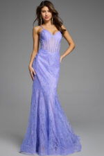 Elegant gown with sheer bodice and shimmering embellishments.
