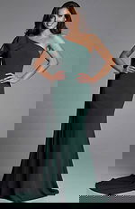 green one shoulder dress with side drape Model wearing Jovani dress 44177