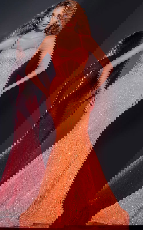 Model wearing Jovani 44208 orange gown with sweetheart neckline and mermaid silhouette.